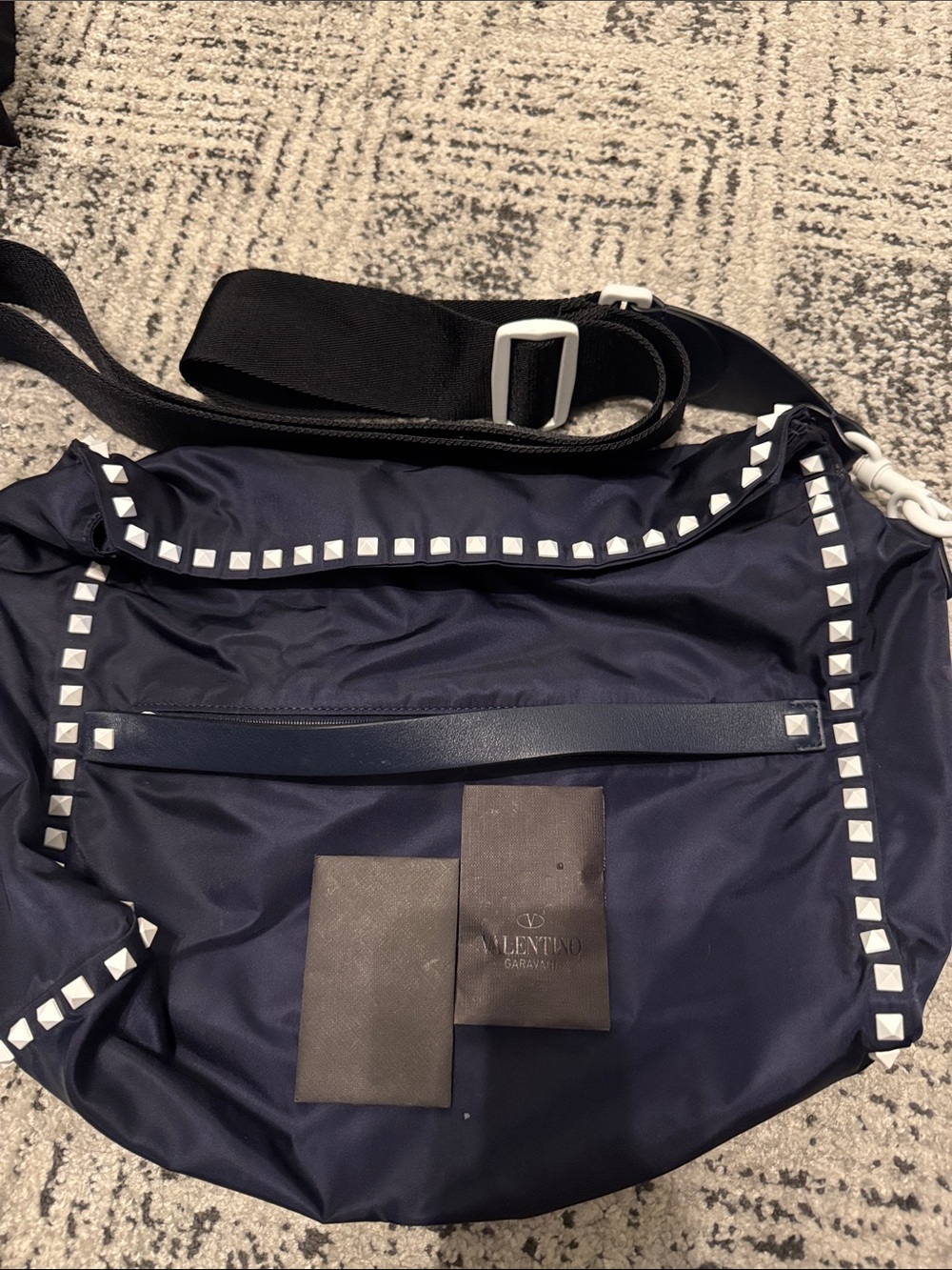 Valentino Garavani Navy Blue Messenger Bag with White Studs